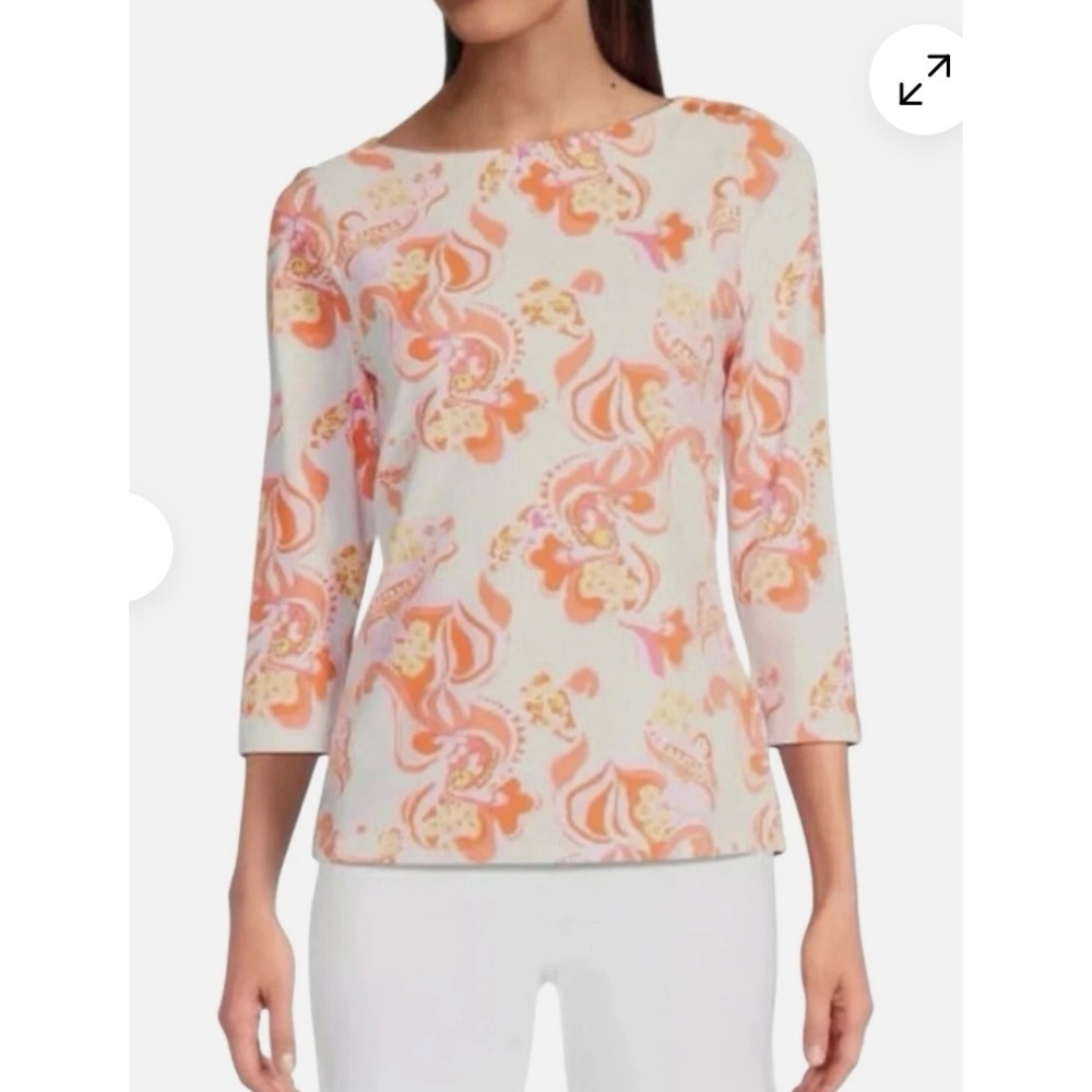 J.Mclaughlin Catalina Cloth Top‎ Size XL White Orange 3/4 Sleeve Boat Neck